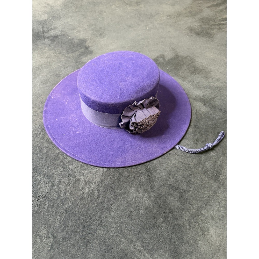 Vtg 60s Womens Boater Wool Felt Wide Brimmed Hat Royal Blue Purple WPL 5923